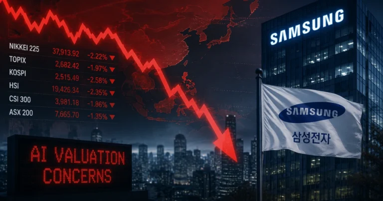 Asia stock markets decline amid AI valuation concerns, with Samsung headquarters and a falling market chart illustrating investor uncertainty despite strong earnings.