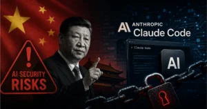 China warns of AI security risks linked to Anthropic's Claude Code, featuring AI cybersecurity, code interface, digital lock, and China-themed security alert illustration.