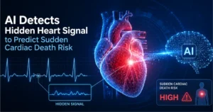AI-powered heart analysis visual showing a digital human heart, ECG waveform, and AI detecting hidden cardiac signals to predict sudden cardiac death risk.