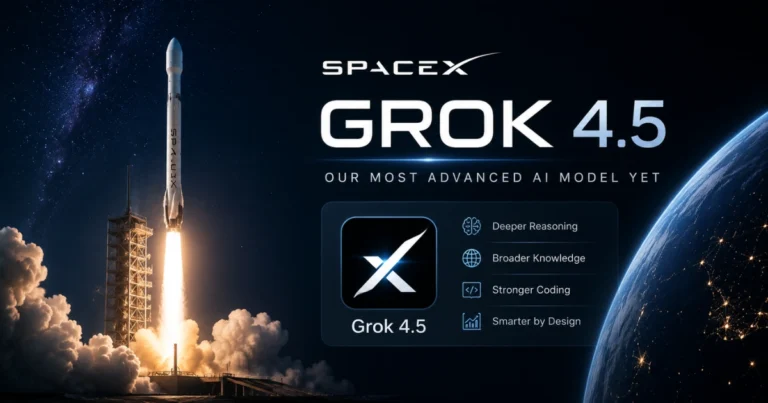 SpaceX launches Grok 4.5, its most advanced AI model yet, with a rocket liftoff, futuristic AI interface, and Earth viewed from space.