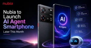 "Nubia AI Agent smartphone launch teaser featuring a futuristic smartphone with AI assistant interface, highlighting the upcoming AI-powered Nubia phone release later this month."