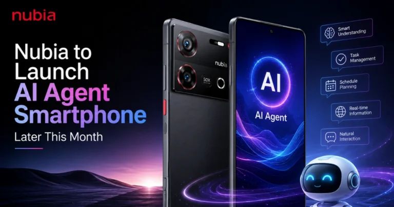 "Nubia AI Agent smartphone launch teaser featuring a futuristic smartphone with AI assistant interface, highlighting the upcoming AI-powered Nubia phone release later this month."