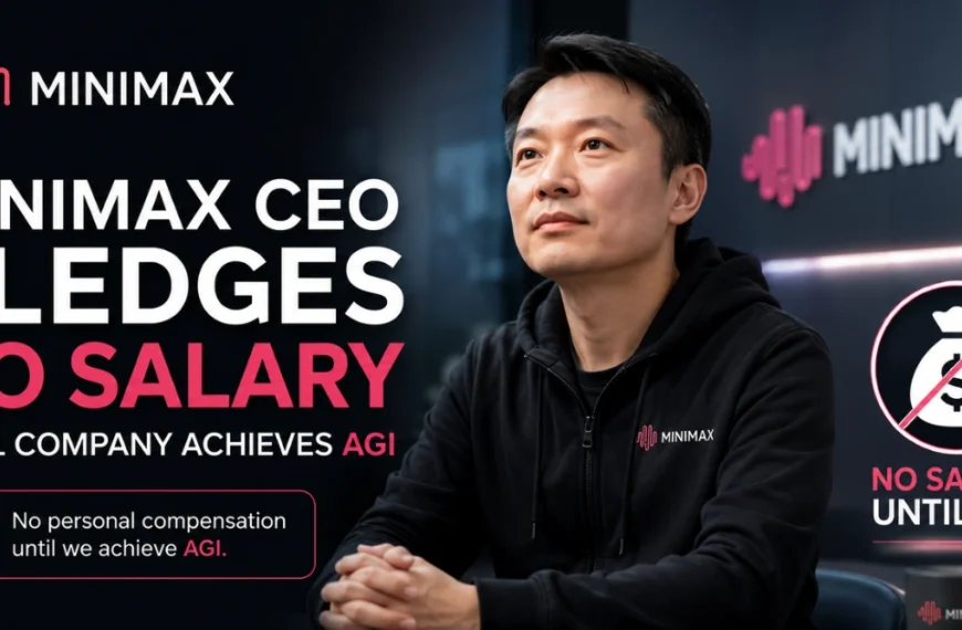 **Alt text:** "MiniMax CEO pledges to take no salary until the AI company achieves artificial general intelligence (AGI), highlighting the firm's long-term AI vision and leadership commitment."