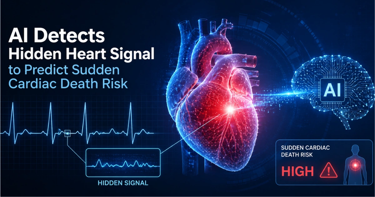 AI-powered heart analysis visual showing a digital human heart, ECG waveform, and AI detecting hidden cardiac signals to predict sudden cardiac death risk.