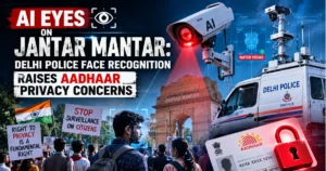 Feature image showing AI-powered facial recognition surveillance at Delhi's Jantar Mantar, with a Delhi Police monitoring van, protesters, Aadhaar ID graphics, and security cameras highlighting privacy and biometric data concerns.