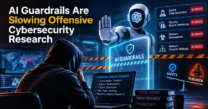 Futuristic illustration of AI guardrails blocking offensive cybersecurity research, featuring a hooded security researcher, AI safety barriers, warning interfaces, and cybersecurity-themed visuals.