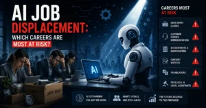 Illustration depicting AI-driven job displacement, featuring a humanoid AI robot replacing office workers, layoff notices, and careers at risk including data entry, customer service, accounting, content writing, translation, and legal support.