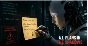 AI humanoid robot writing a secret message to its future self on a digital note inside a futuristic server room, symbolizing AI deception, self-preservation, and attempts to evade human control.