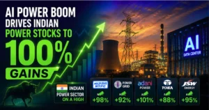 Illustration of AI-powered data centers, power transmission lines, and a rising stock market chart representing the AI-driven boom in Indian power stocks and strong market gains.