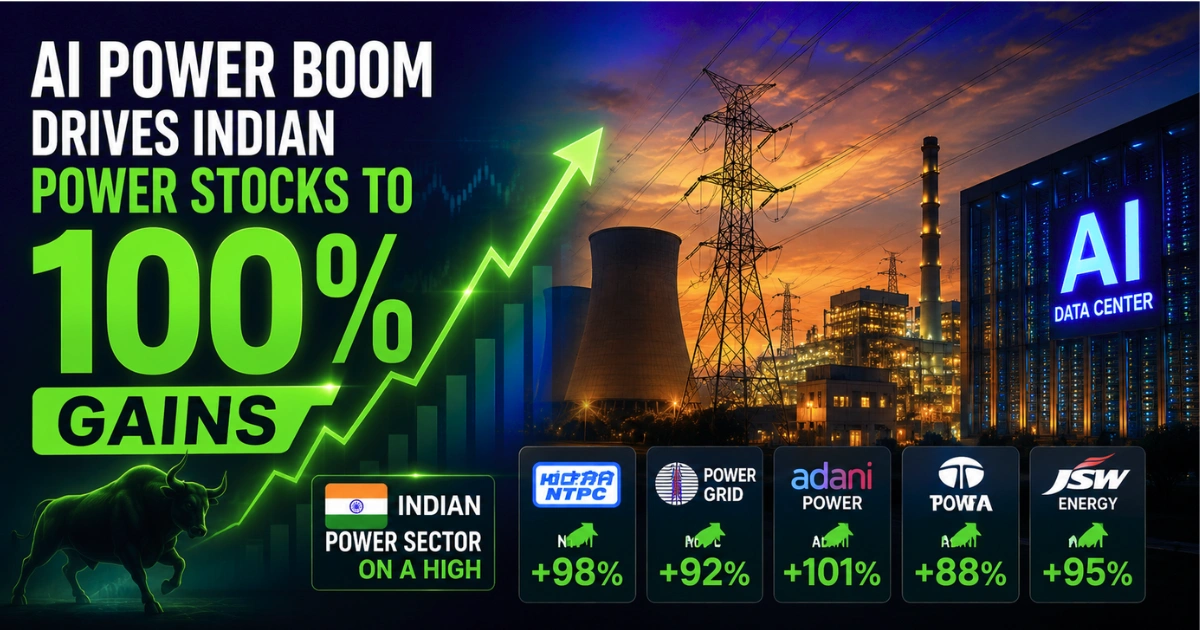 Illustration of AI-powered data centers, power transmission lines, and a rising stock market chart representing the AI-driven boom in Indian power stocks and strong market gains.