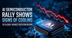 AI semiconductor chip with falling stock market chart illustrating the cooling AI semiconductor rally and global market rotation in 2026.