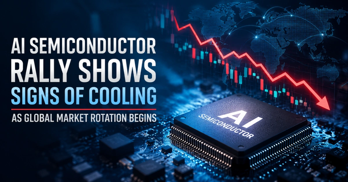 AI semiconductor chip with falling stock market chart illustrating the cooling AI semiconductor rally and global market rotation in 2026.