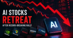 AI stocks retreat after a record-breaking rally, with a falling market chart, AI processor chip, and major tech company logos symbolizing the sector's market pullback.