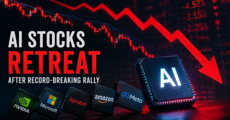 AI stocks retreat after a record-breaking rally, with a falling market chart, AI processor chip, and major tech company logos symbolizing the sector's market pullback.
