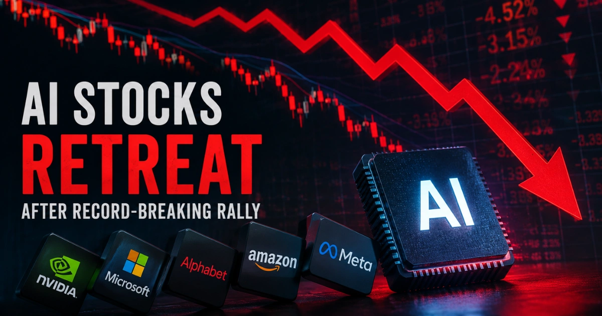 AI stocks retreat after a record-breaking rally, with a falling market chart, AI processor chip, and major tech company logos symbolizing the sector's market pullback.