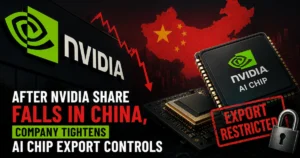 Nvidia AI chip with China map, falling stock chart, and export restriction graphics illustrating tighter AI chip export controls after Nvidia's China market decline.