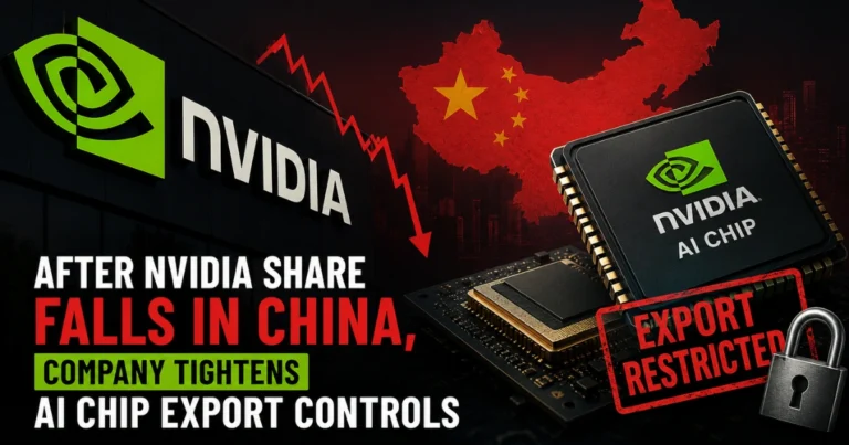 Nvidia AI chip with China map, falling stock chart, and export restriction graphics illustrating tighter AI chip export controls after Nvidia's China market decline.