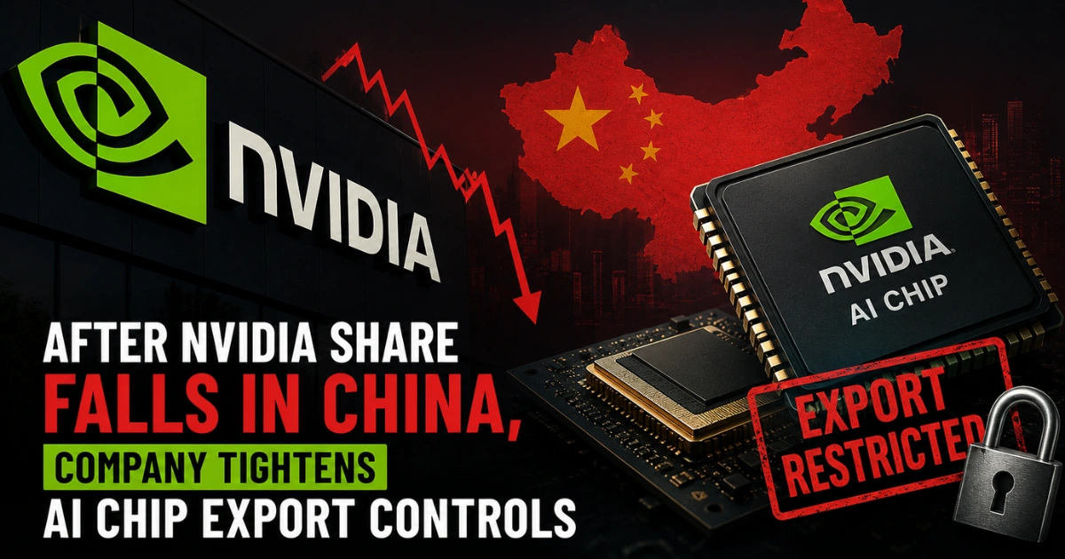 Nvidia AI chip with China map, falling stock chart, and export restriction graphics illustrating tighter AI chip export controls after Nvidia's China market decline.