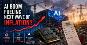 Feature image showing AI data center construction, semiconductor chips, power transmission towers, and a rising inflation chart, illustrating how the AI infrastructure boom is increasing chip prices, labor costs, and electricity costs.