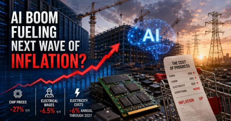 Feature image showing AI data center construction, semiconductor chips, power transmission towers, and a rising inflation chart, illustrating how the AI infrastructure boom is increasing chip prices, labor costs, and electricity costs.