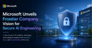 Microsoft Frontier Company concept artwork showing secure AI engineering with a digital security shield, AI workflow icons, and Microsoft branding on a futuristic technology background.