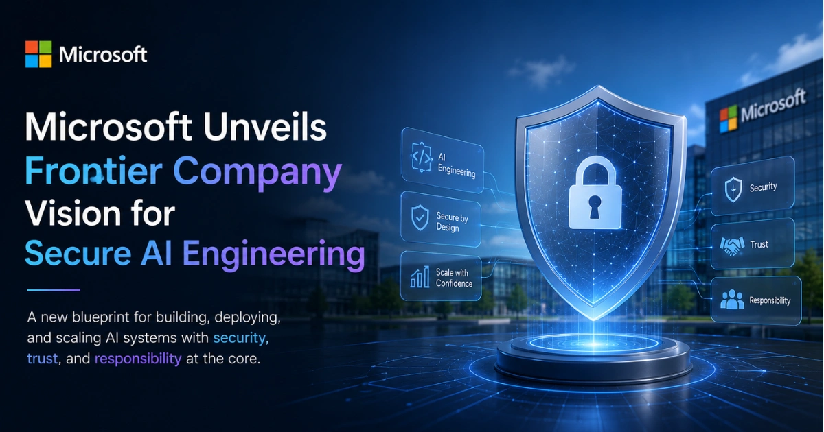Microsoft Frontier Company concept artwork showing secure AI engineering with a digital security shield, AI workflow icons, and Microsoft branding on a futuristic technology background.