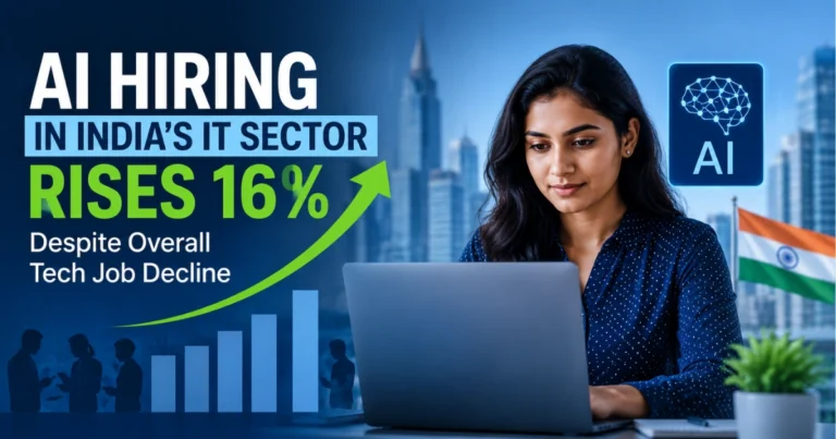 AI hiring in India's IT sector rises 16% despite overall tech job decline, illustrated with AI graphics, an upward growth chart, and an IT professional working on a laptop.