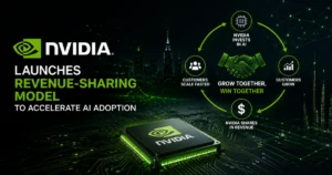 "Nvidia revenue-sharing AI model illustration showing AI chip, cloud infrastructure, and business growth concept for enterprise AI adoption."
