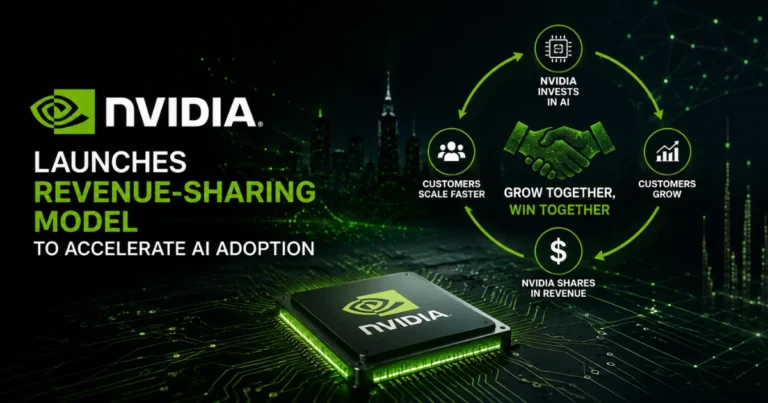 "Nvidia revenue-sharing AI model illustration showing AI chip, cloud infrastructure, and business growth concept for enterprise AI adoption."