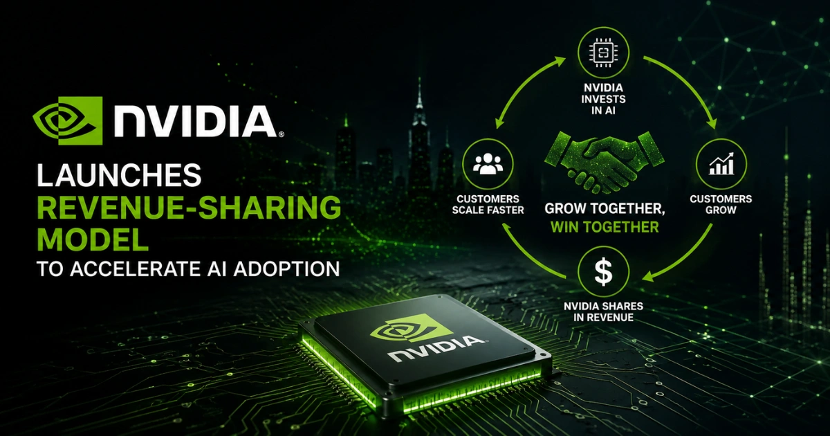 "Nvidia revenue-sharing AI model illustration showing AI chip, cloud infrastructure, and business growth concept for enterprise AI adoption."