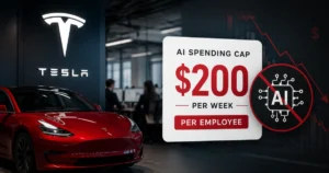 Tesla office with red electric car and AI spending cap graphic showing a $200 per week limit for employees, illustrating Tesla's cost-cutting measures on AI usage.