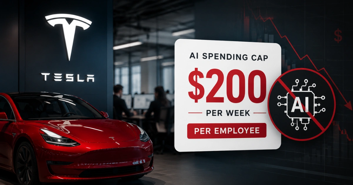 Tesla office with red electric car and AI spending cap graphic showing a $200 per week limit for employees, illustrating Tesla's cost-cutting measures on AI usage.