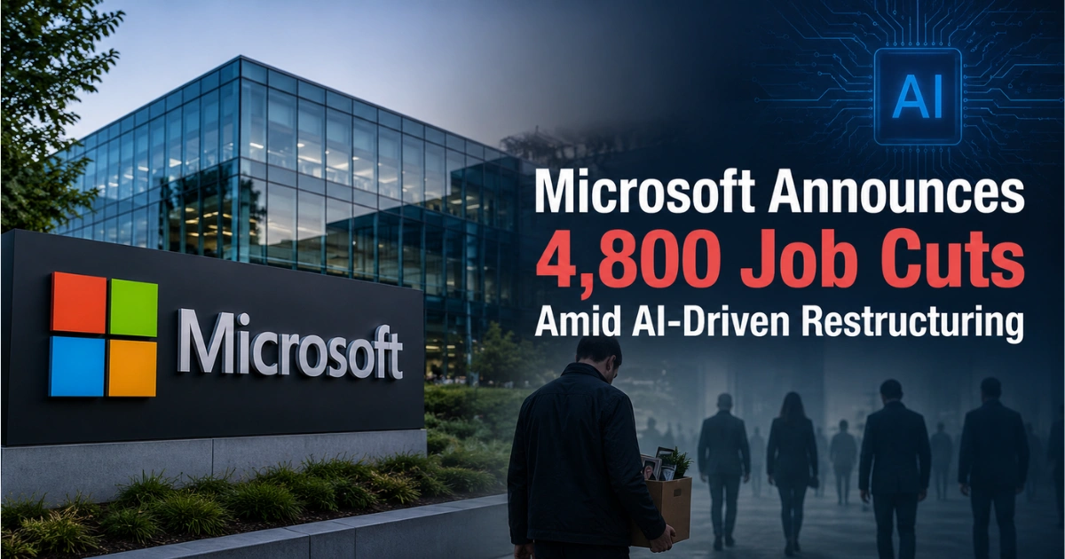 "Microsoft headquarters with AI graphics and departing employees illustrating the company's 4,800 job cuts amid AI-driven restructuring."