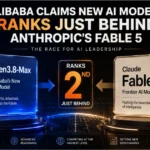 Feature image comparing Alibaba's Qwen3.8-Max AI model with Anthropic's Fable 5, highlighting Alibaba's claim that its latest AI model ranks second among leading frontier AI models.