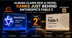 Feature image comparing Alibaba's Qwen3.8-Max AI model with Anthropic's Fable 5, highlighting Alibaba's claim that its latest AI model ranks second among leading frontier AI models.