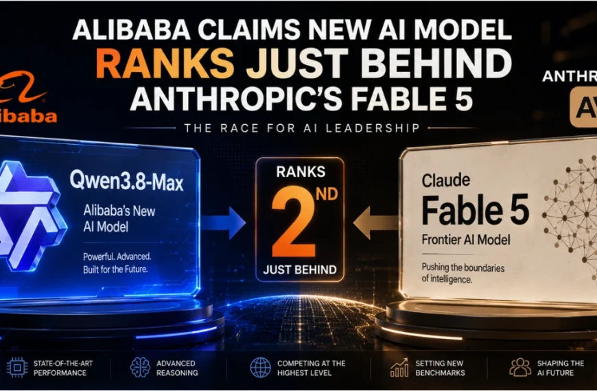 Feature image comparing Alibaba's Qwen3.8-Max AI model with Anthropic's Fable 5, highlighting Alibaba's claim that its latest AI model ranks second among leading frontier AI models.