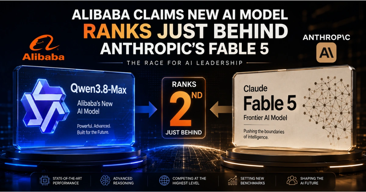 Feature image comparing Alibaba's Qwen3.8-Max AI model with Anthropic's Fable 5, highlighting Alibaba's claim that its latest AI model ranks second among leading frontier AI models.