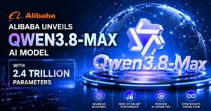 Feature image announcing Alibaba's Qwen3.8-Max AI model with 2.4 trillion parameters, featuring a futuristic AI emblem, digital globe, and graphics highlighting advanced reasoning, frontier AI capabilities, and upcoming open-weight release.