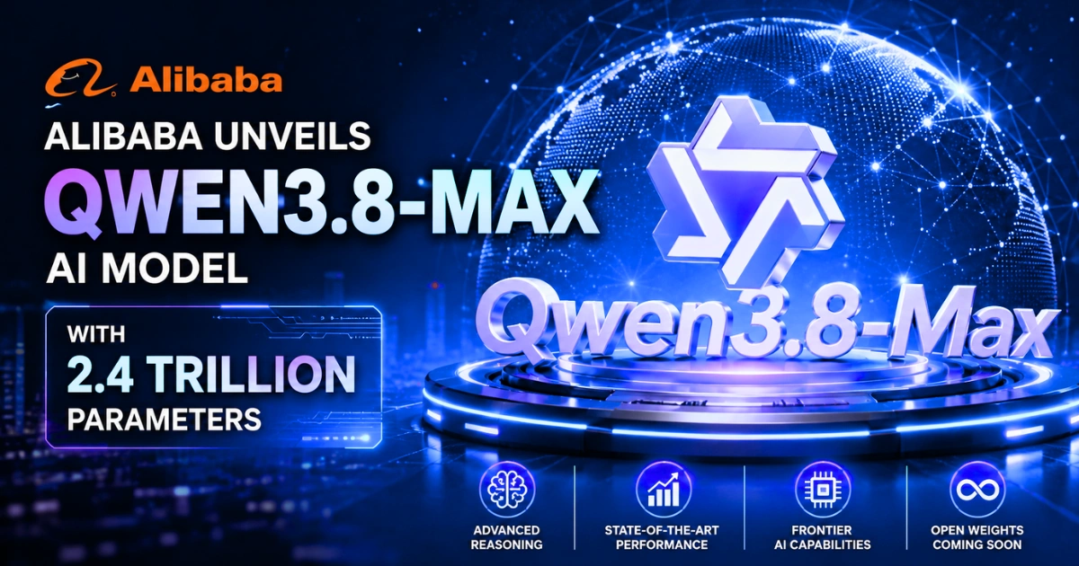 Feature image announcing Alibaba's Qwen3.8-Max AI model with 2.4 trillion parameters, featuring a futuristic AI emblem, digital globe, and graphics highlighting advanced reasoning, frontier AI capabilities, and upcoming open-weight release.