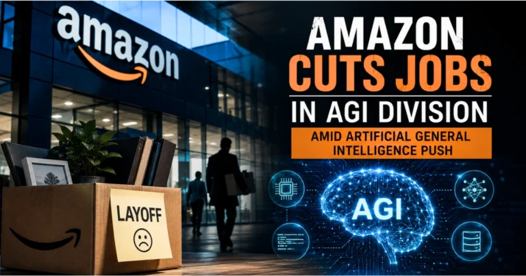 Feature image showing Amazon headquarters, a laid-off employee's box, and a digital AGI brain graphic representing Amazon job cuts in its Artificial General Intelligence division amid ongoing AI investments.