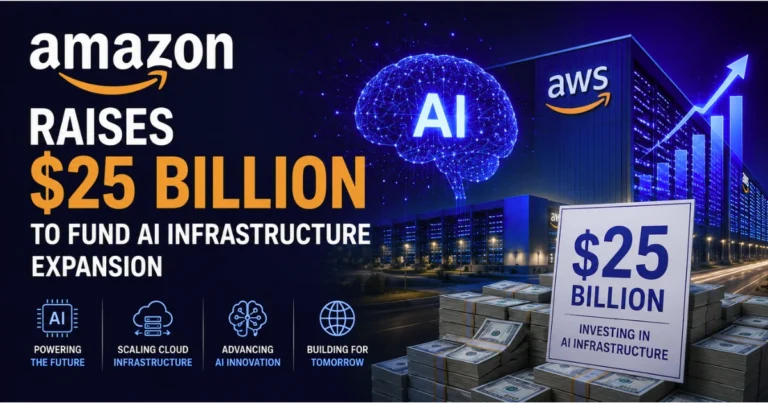 Amazon and AWS data centers with AI graphics, financial imagery, and a $25 billion investment sign, illustrating Amazon’s funding for AI infrastructure expansion.