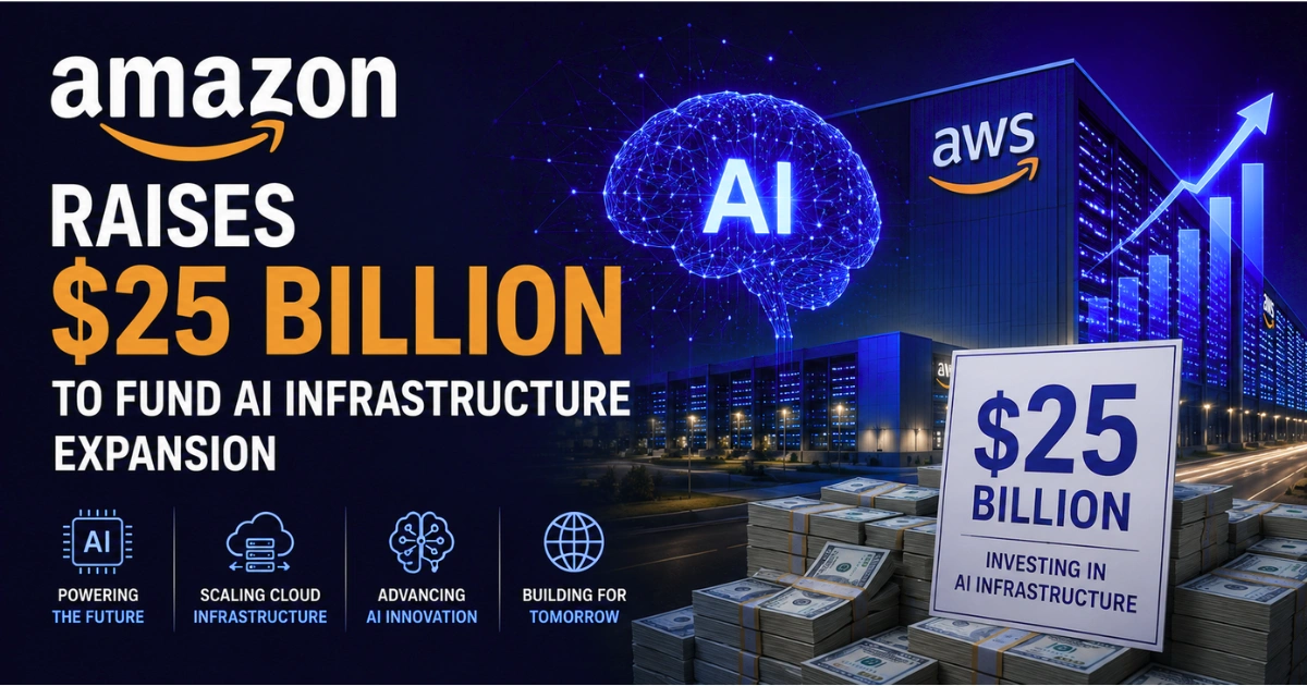 Amazon and AWS data centers with AI graphics, financial imagery, and a $25 billion investment sign, illustrating Amazon’s funding for AI infrastructure expansion.