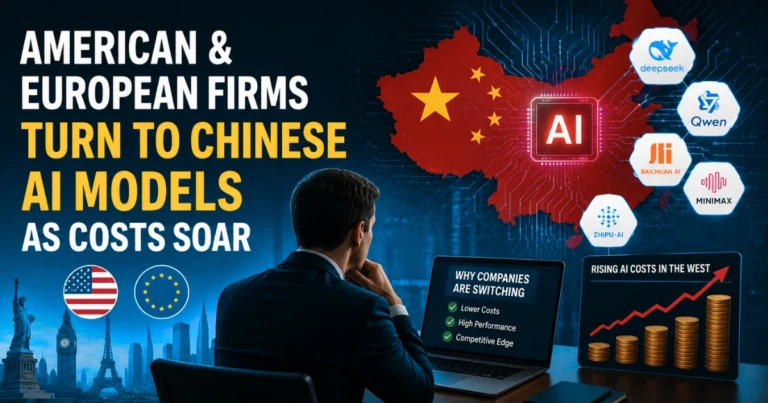 Business executive reviewing AI strategy as American and European firms adopt Chinese AI models to reduce costs, with a China AI map, rising cost chart, and AI company logos in the background.