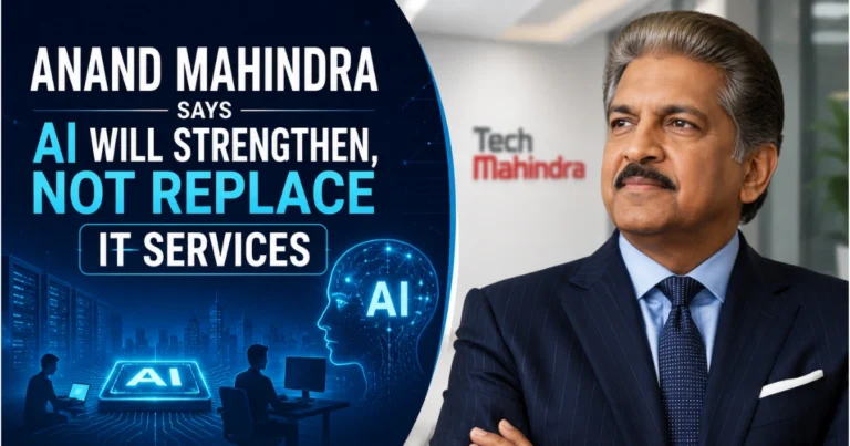 Anand Mahindra speaking about AI strengthening IT services, with AI graphics, digital technology elements, and a Tech Mahindra-themed background.