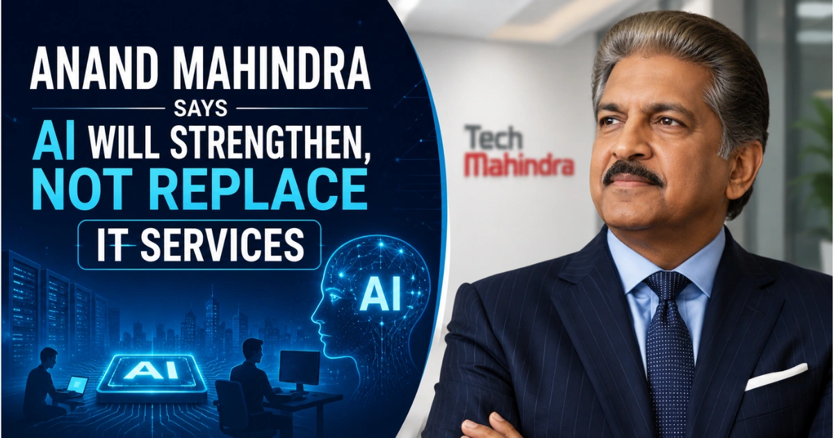 Anand Mahindra speaking about AI strengthening IT services, with AI graphics, digital technology elements, and a Tech Mahindra-themed background.