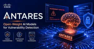 Antares open-weight AI models visualizing AI-powered vulnerability detection across software codebases with cybersecurity shield, neural network, and secure coding interface.