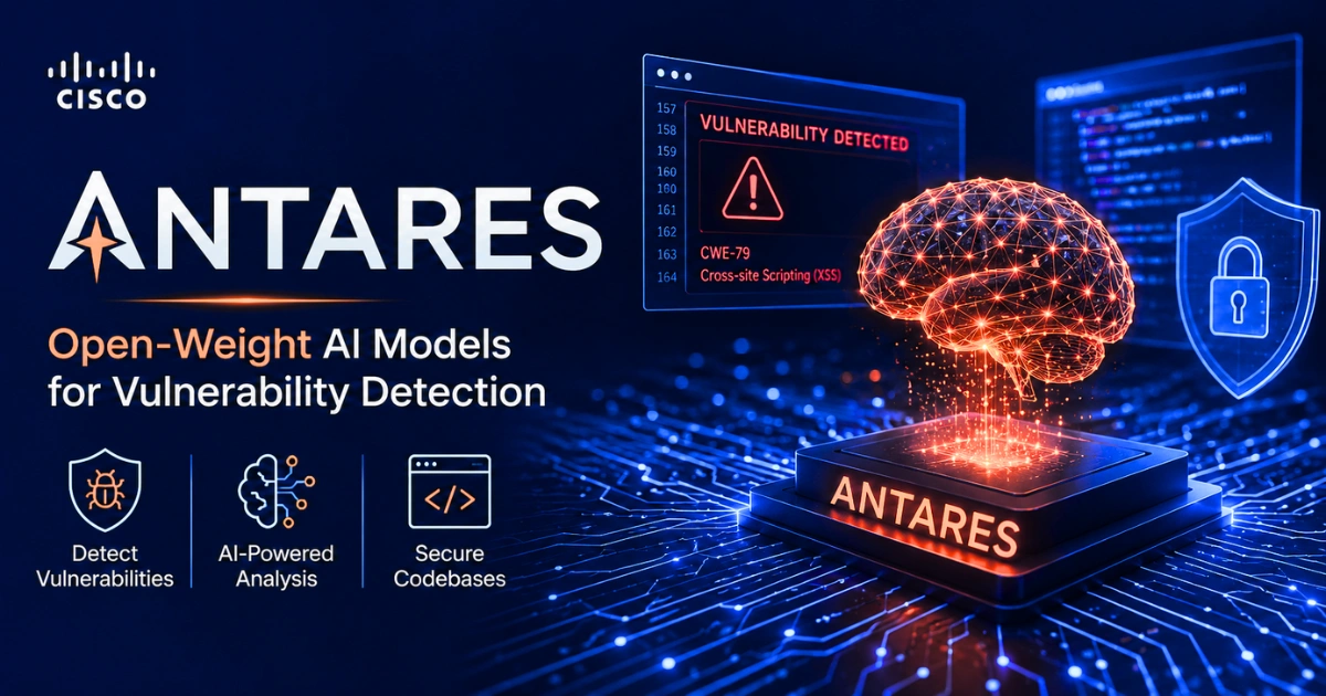 Antares open-weight AI models visualizing AI-powered vulnerability detection across software codebases with cybersecurity shield, neural network, and secure coding interface.