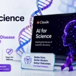 Feature image illustrating Anthropic's AI for Science Grants initiative, featuring AI-powered scientific research, a DNA helix, laboratory equipment, and rare disease research supported by Claude AI.