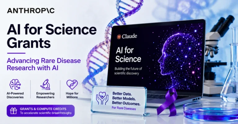 Feature image illustrating Anthropic's AI for Science Grants initiative, featuring AI-powered scientific research, a DNA helix, laboratory equipment, and rare disease research supported by Claude AI.