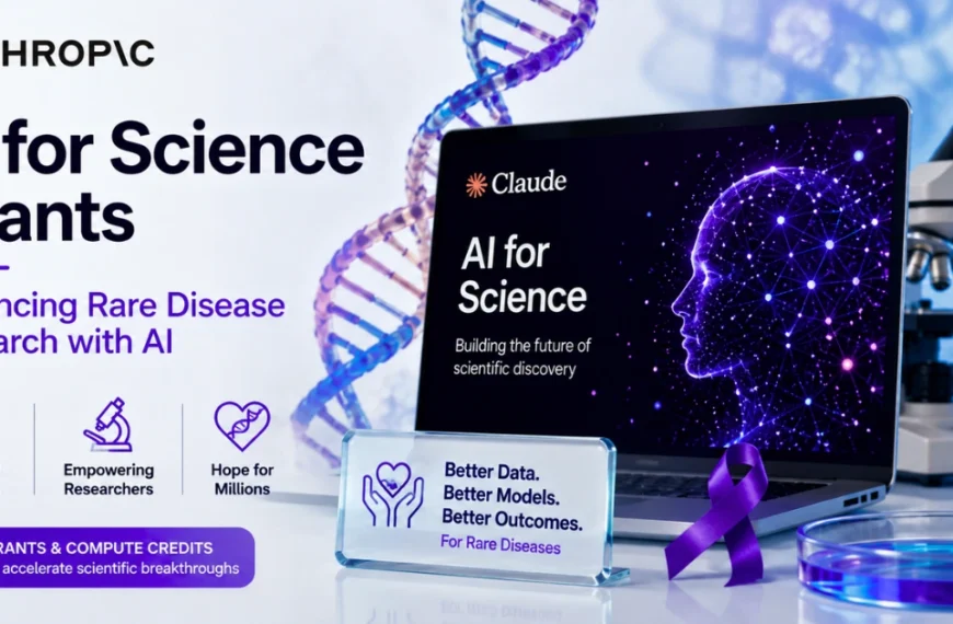 Feature image illustrating Anthropic's AI for Science Grants initiative, featuring AI-powered scientific research, a DNA helix, laboratory equipment, and rare disease research supported by Claude AI.